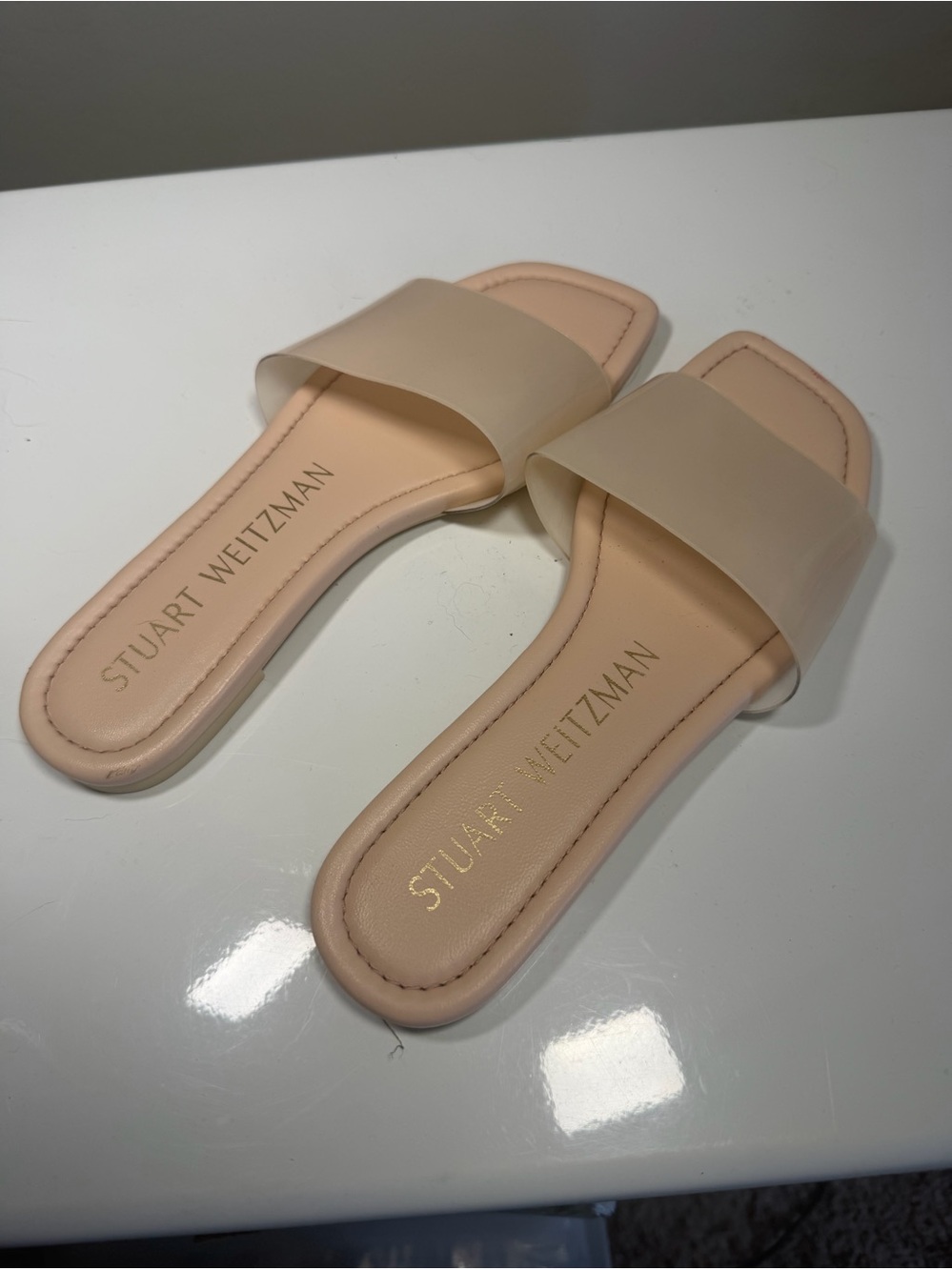 Stuart Weitzman Clear Vinyl Band Slide Sandals Nude Square Toe Size 7